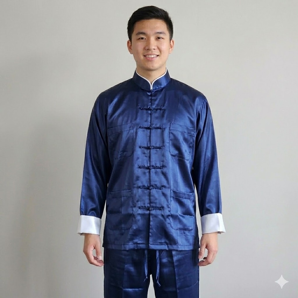 Esme Kung Fu Set Mens XL Navy Blue Satin Mandarin Collar Frog Button Pajamas New